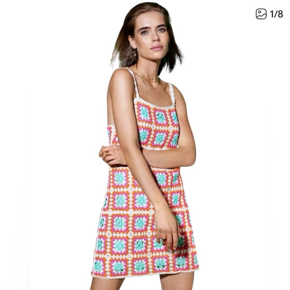 Crochet Square-Print Mini Dress - Pink Multi